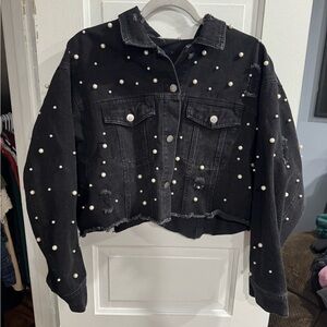 Altar'd State Black Denim Jacket with Pearl Accents